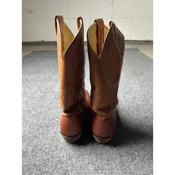 Mens Leather Nocona Brown Lizard Print Cowboy Boots 29060 USA 1970s, Size 9.5E